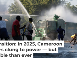 Protesters run as Cameroonian security forces use water cannons to disperse them during the country’s latest election, whose integrity was widely challenged. AP Photo/Welba Yamo Pascal